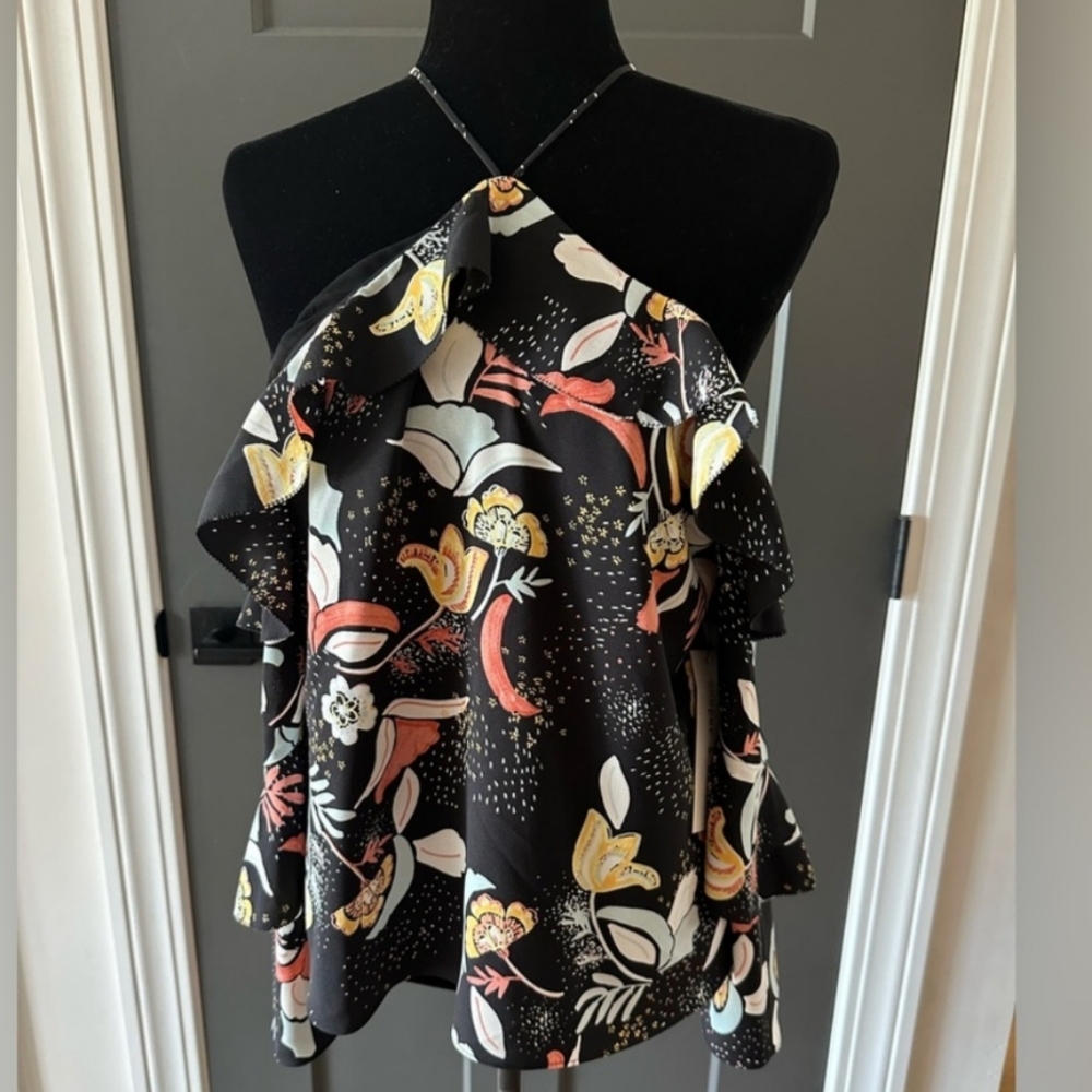 Floral Ruffle Black Top